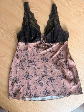 Free People Dusty Rose Satin Chemise with Black Lace Bodice